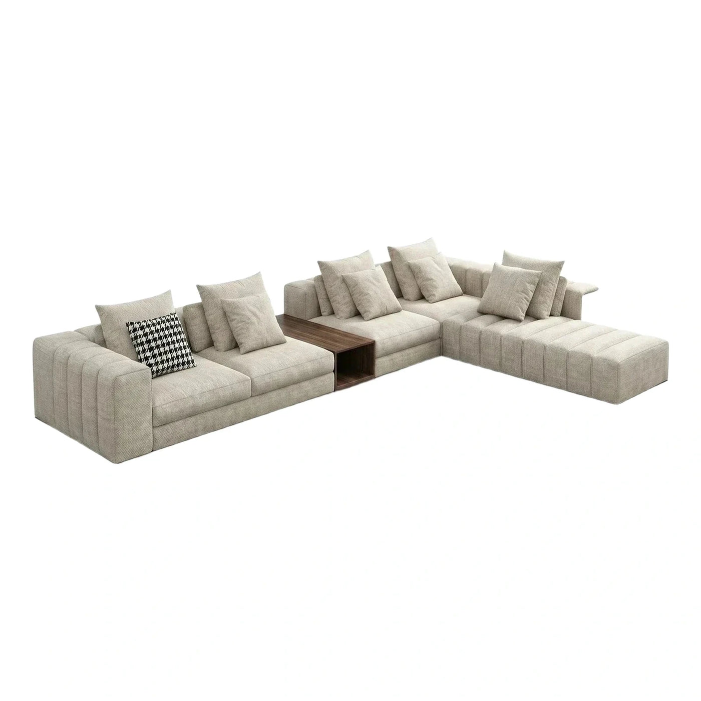 Modern Beige Fabric Sectional Sofa with Wood Console