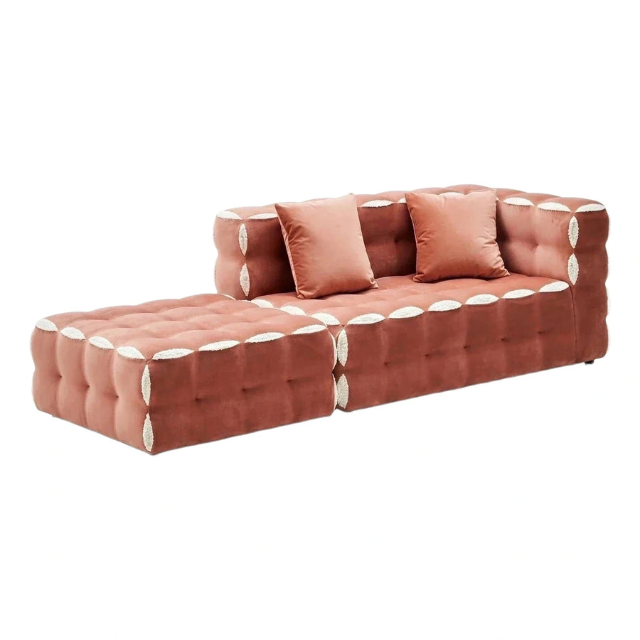 Rose Pink Tufted Velvet Sectional Sofa with Boucle Accents