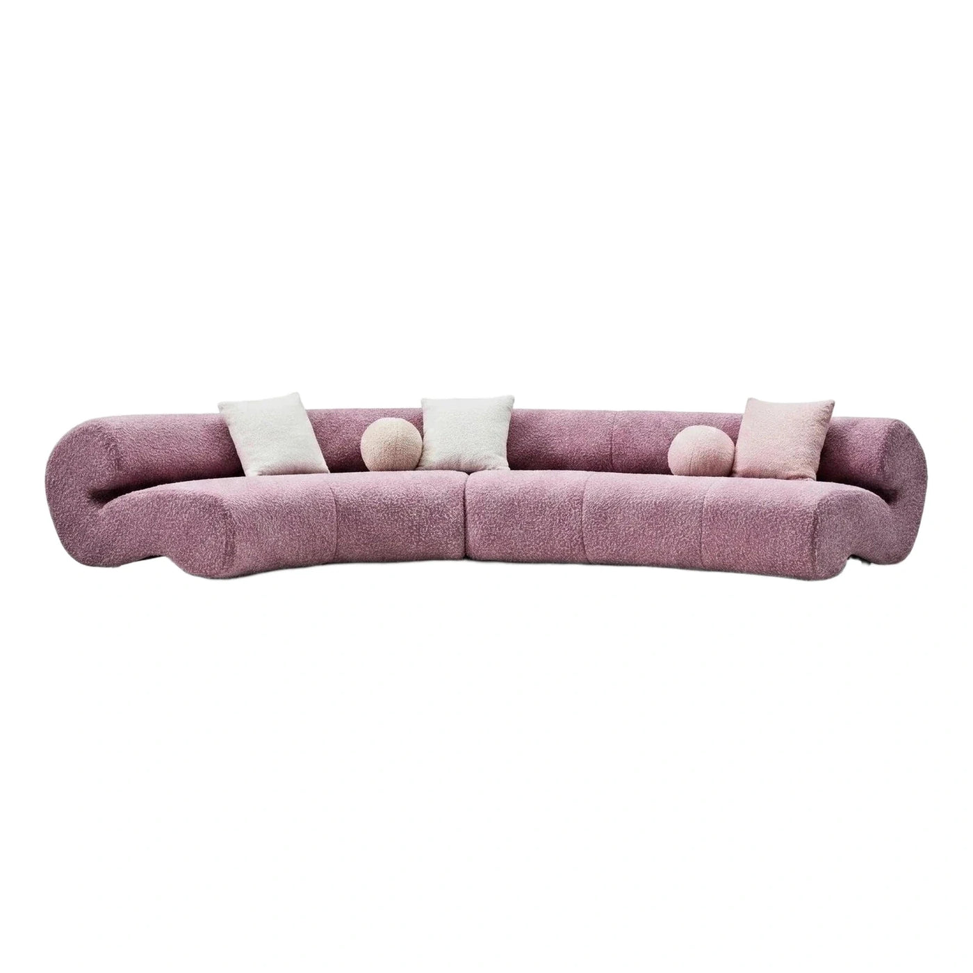 Curved Mauve Boucle Sofa with Throw Pillows