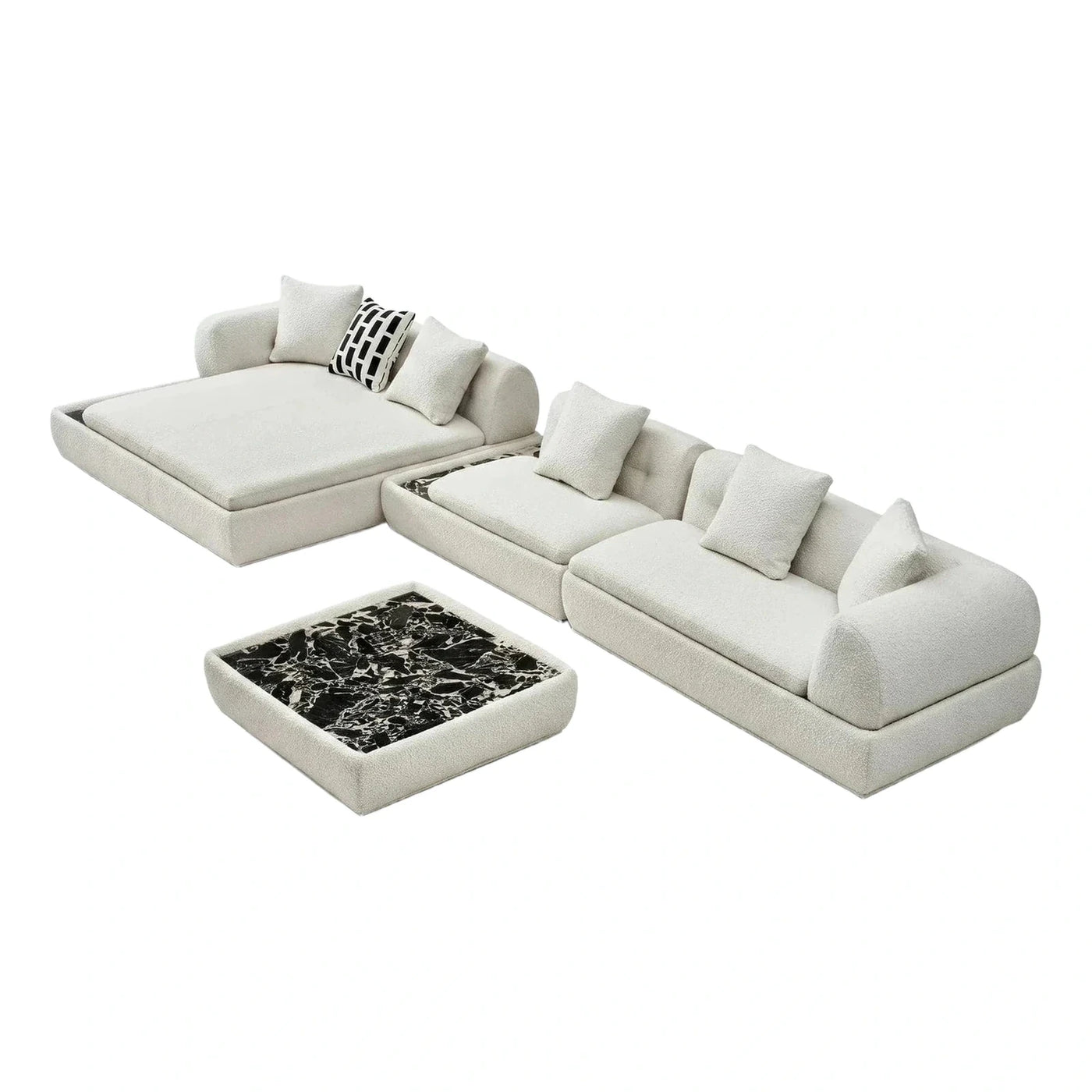 Cream Boucle L-Shaped Sectional Sofa with Marble Tables