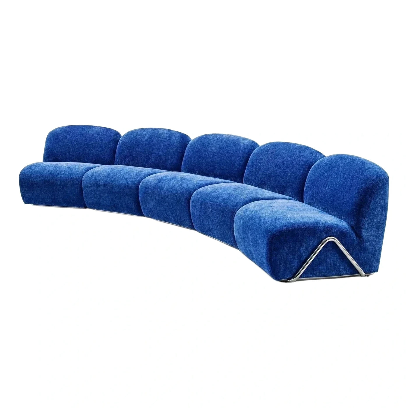 Blue Curved Velvet Sofa with Chrome Base