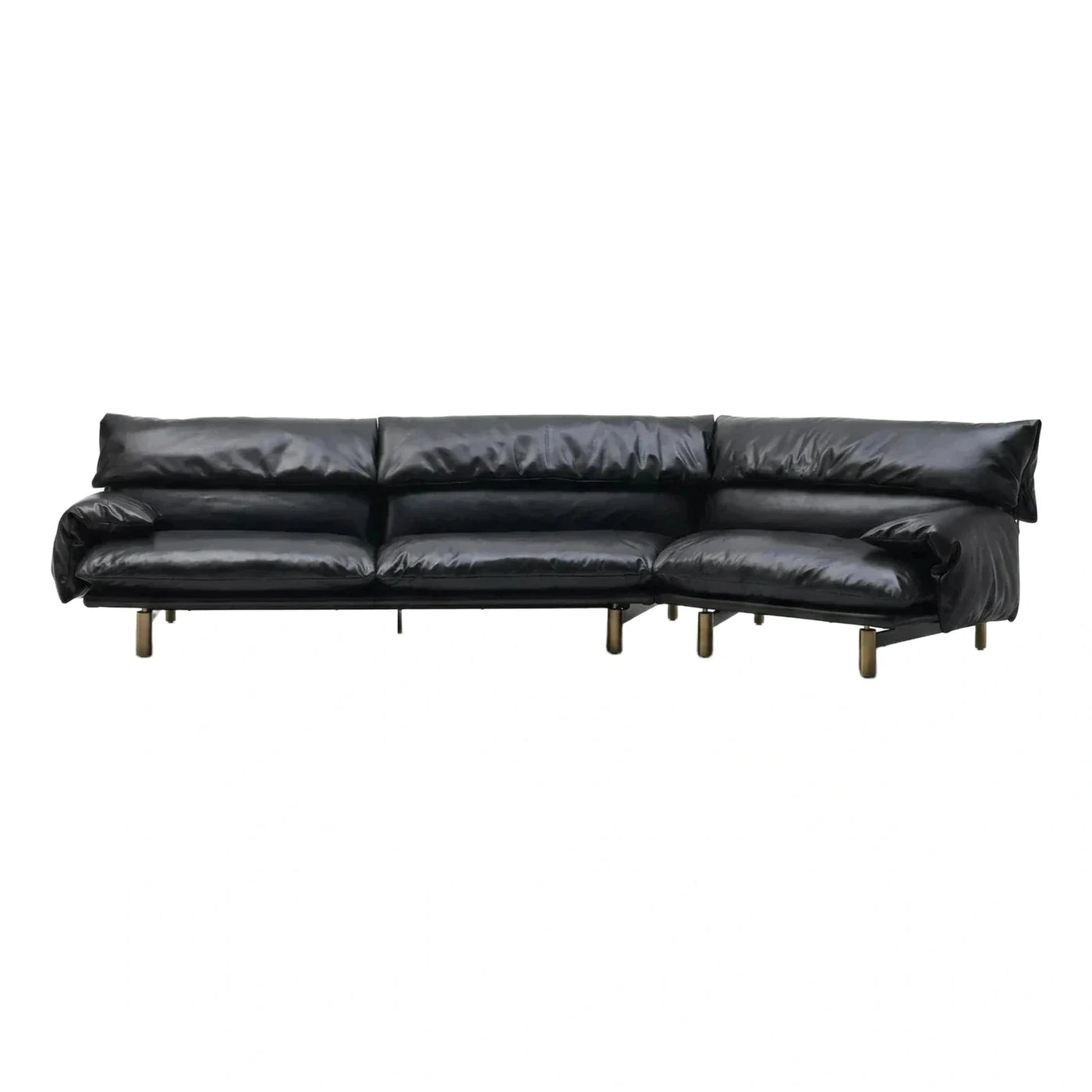 Black Leather L-Shaped Sectional Sofa with Gold Legs