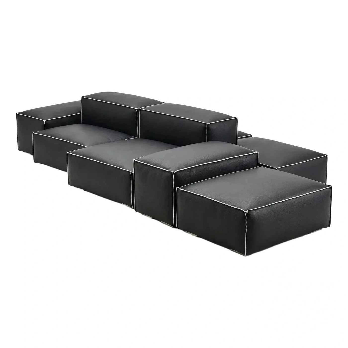 Black Modular Leather Sectional Sofa with White Piping