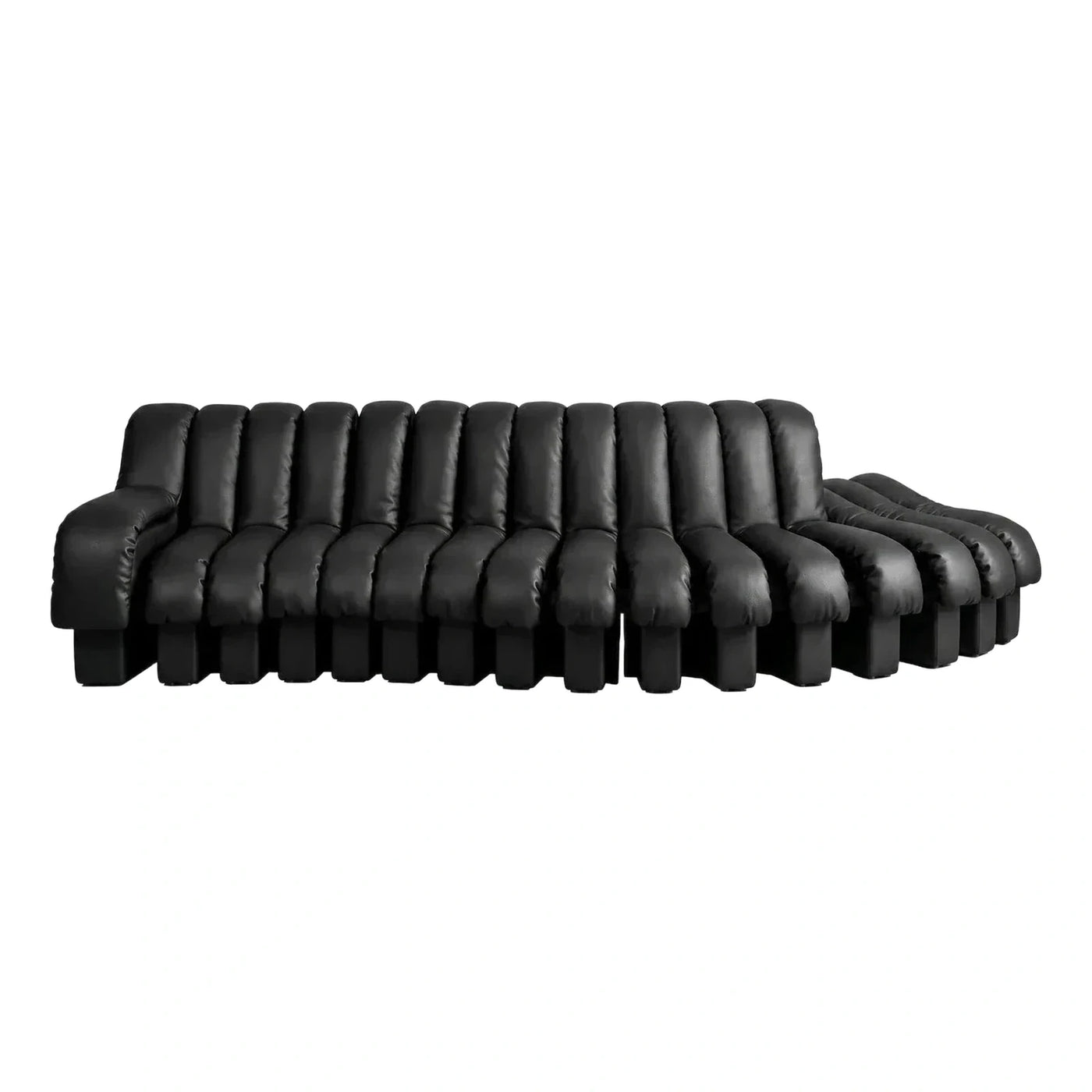 Modern Black Leather Modular Sofa with Ribbed Back