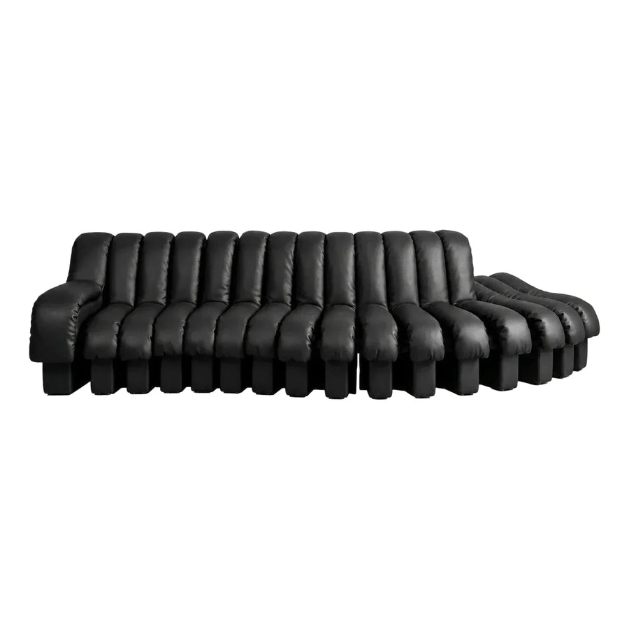 Modern Black Leather Modular Sofa with Ribbed Back