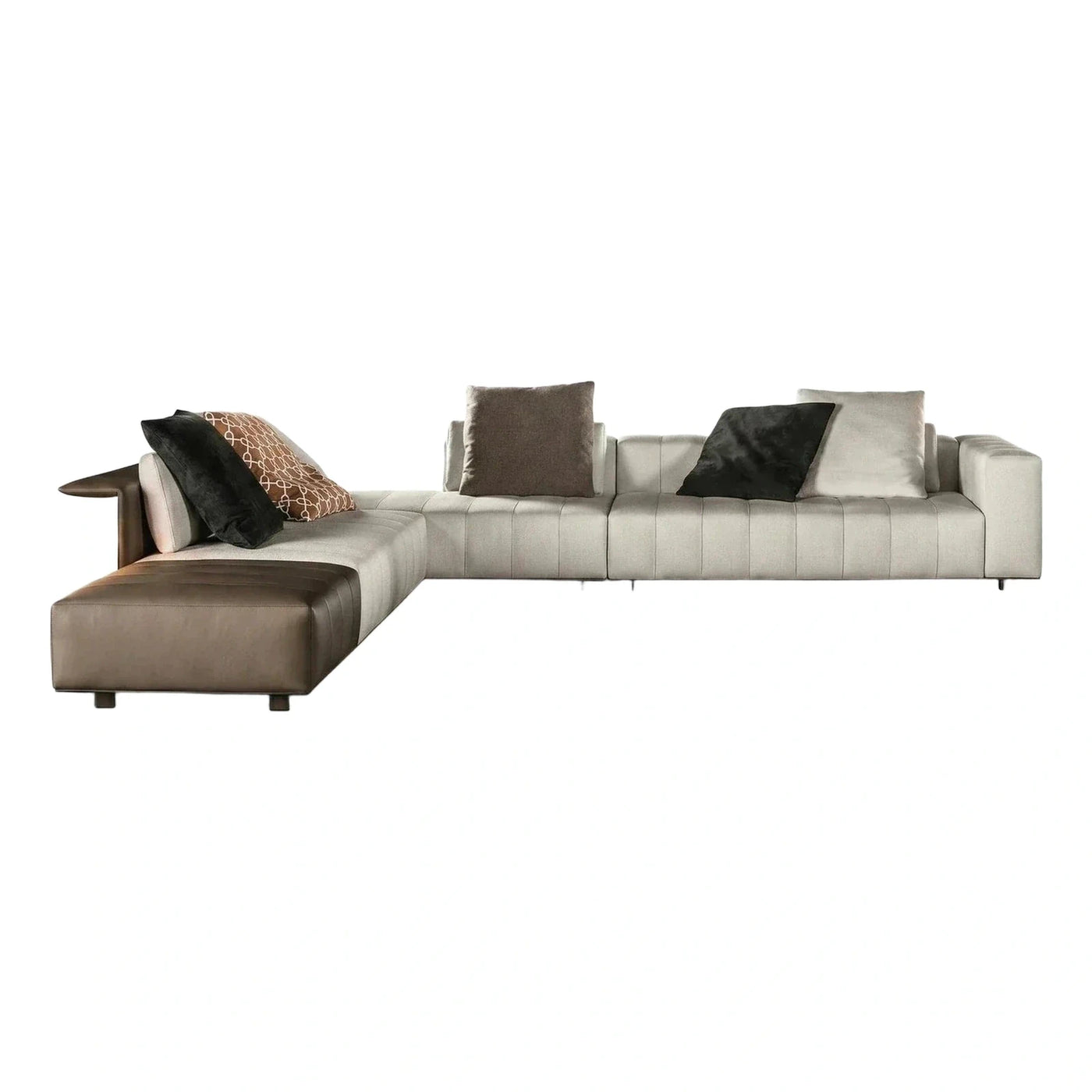 Modern Beige Fabric and Brown Leather Sectional Sofa