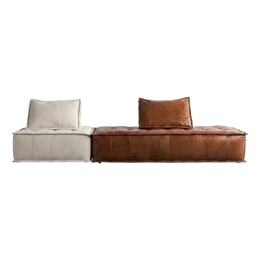 Modular Sectional Sofa Brown Leather and Beige Fabric