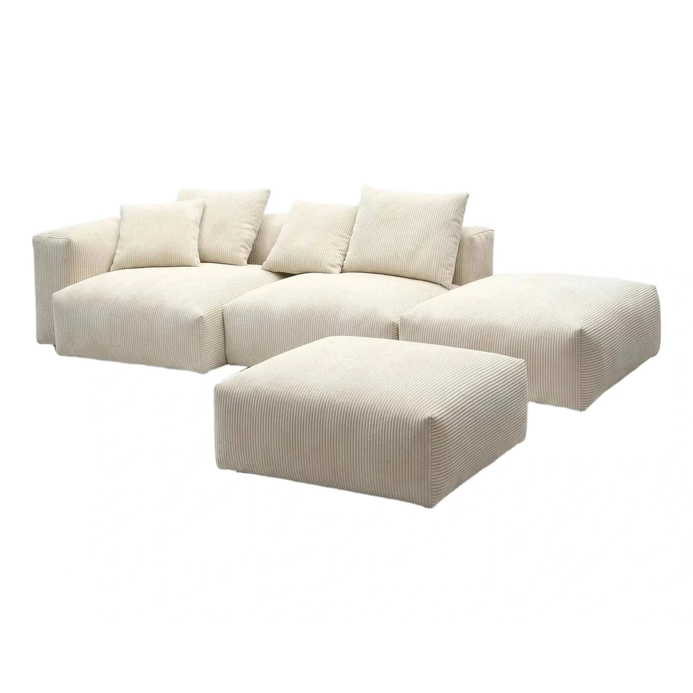 Cream Corduroy Modular Sectional Sofa with Ottoman