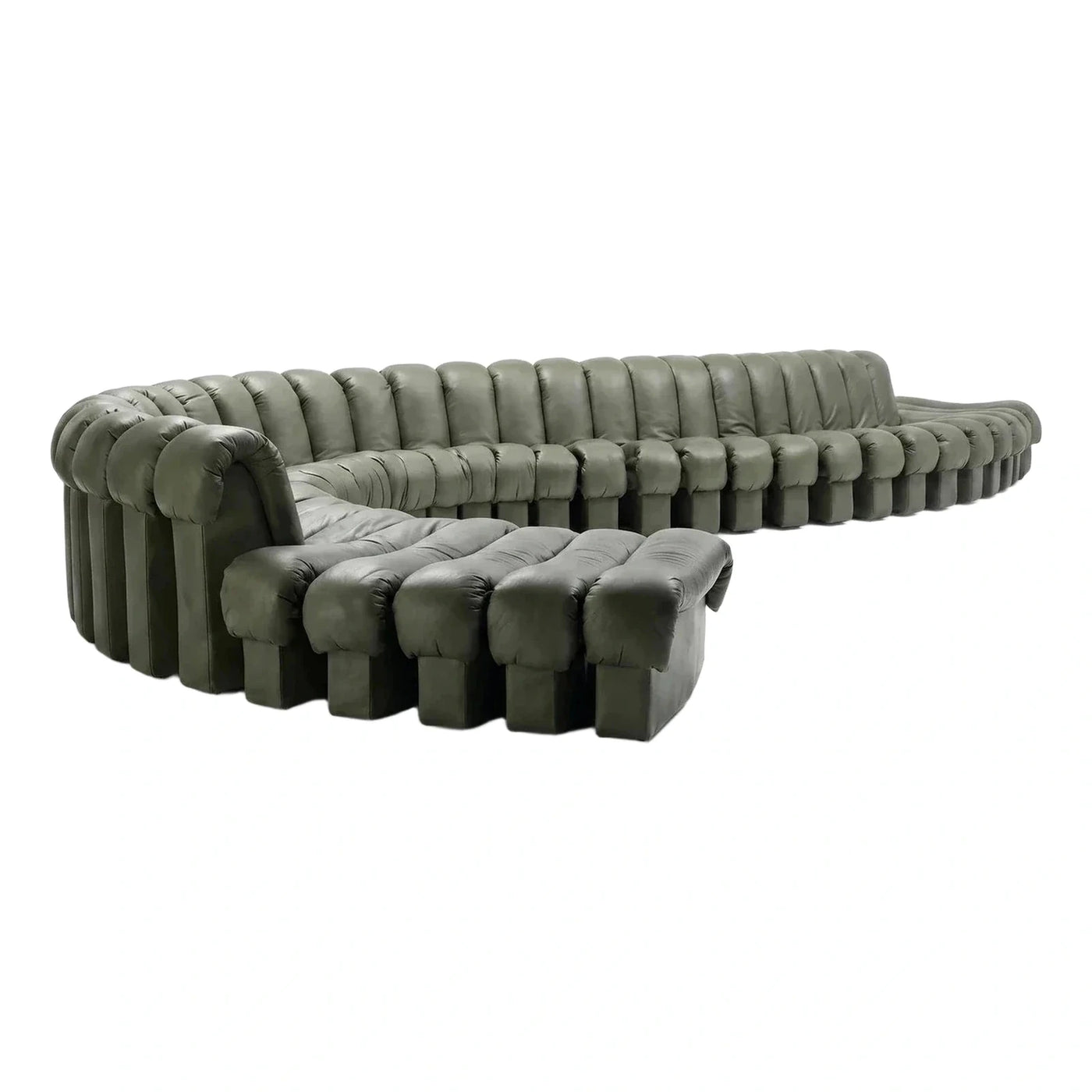 Olive Green Ribbed Leather Curved Sectional Sofa