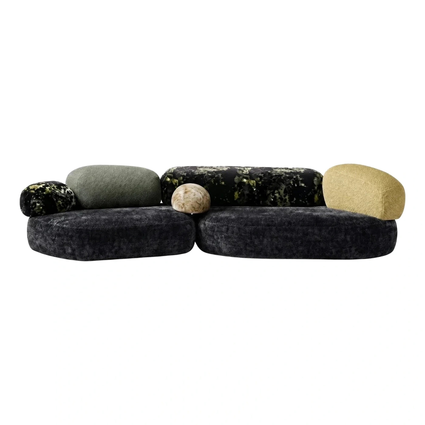 Modern Modular Sofa With Rounded Cushions And Mixed Patterns