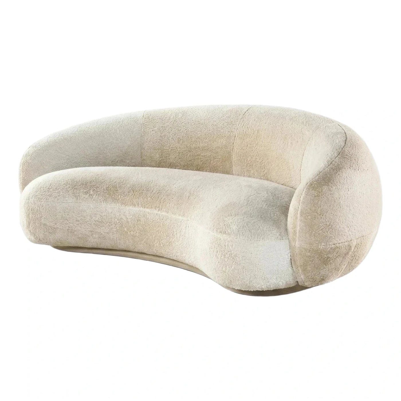 Curved Cream Boucle Sofa with Wooden Base