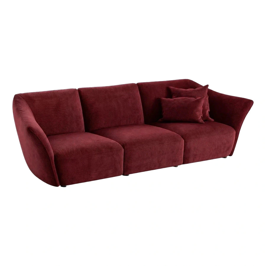 Deep Red Ribbed Fabric Curved Three-Seater Sofa