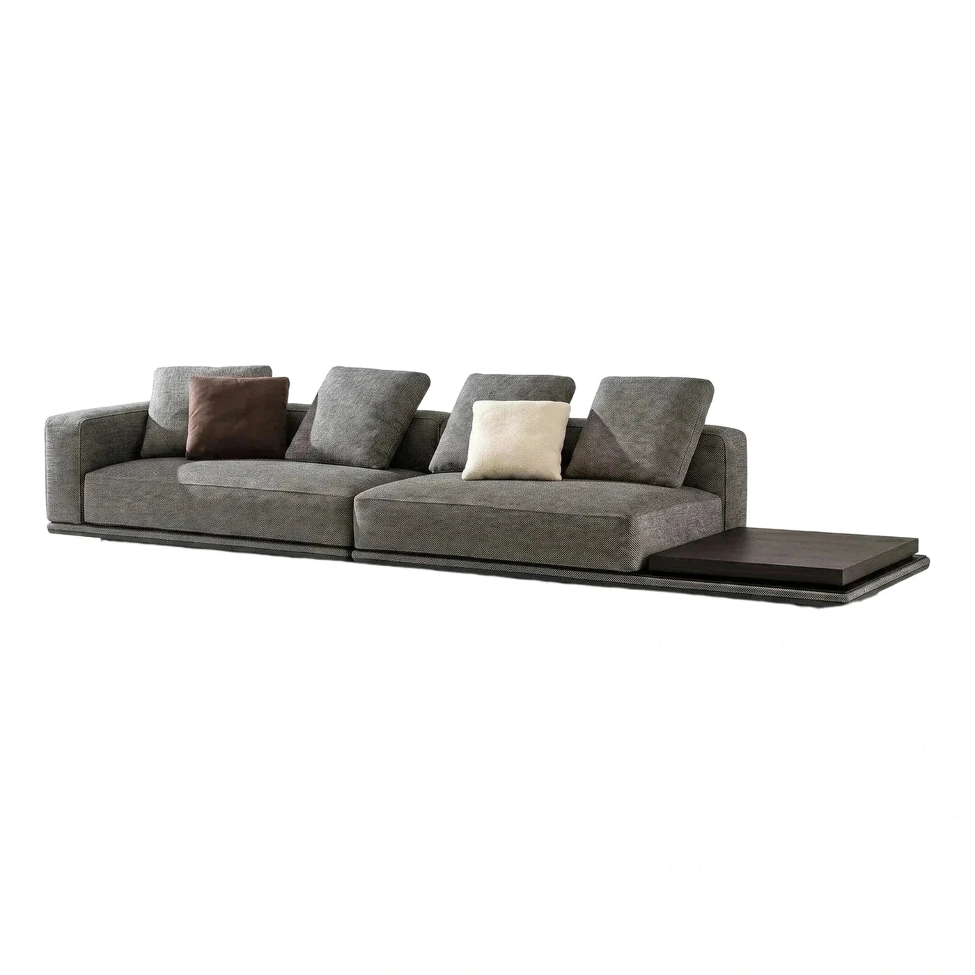 Modern Grey Textured Sofa with Integrated Wood Table