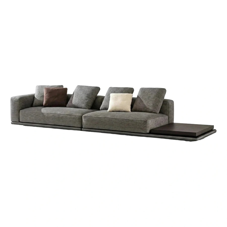 Modern Grey Textured Sofa with Integrated Wood Table
