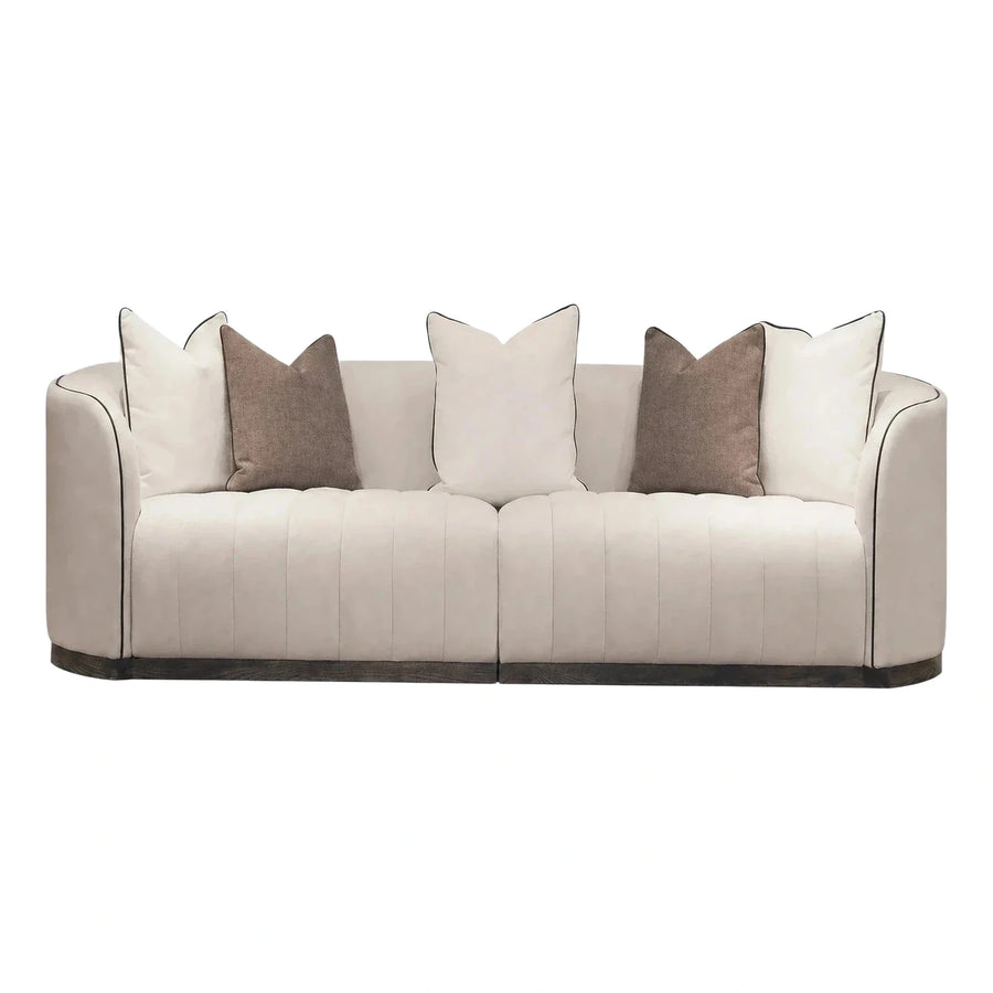 Cream Channel Tufted Sofa with Dark Wood Base
