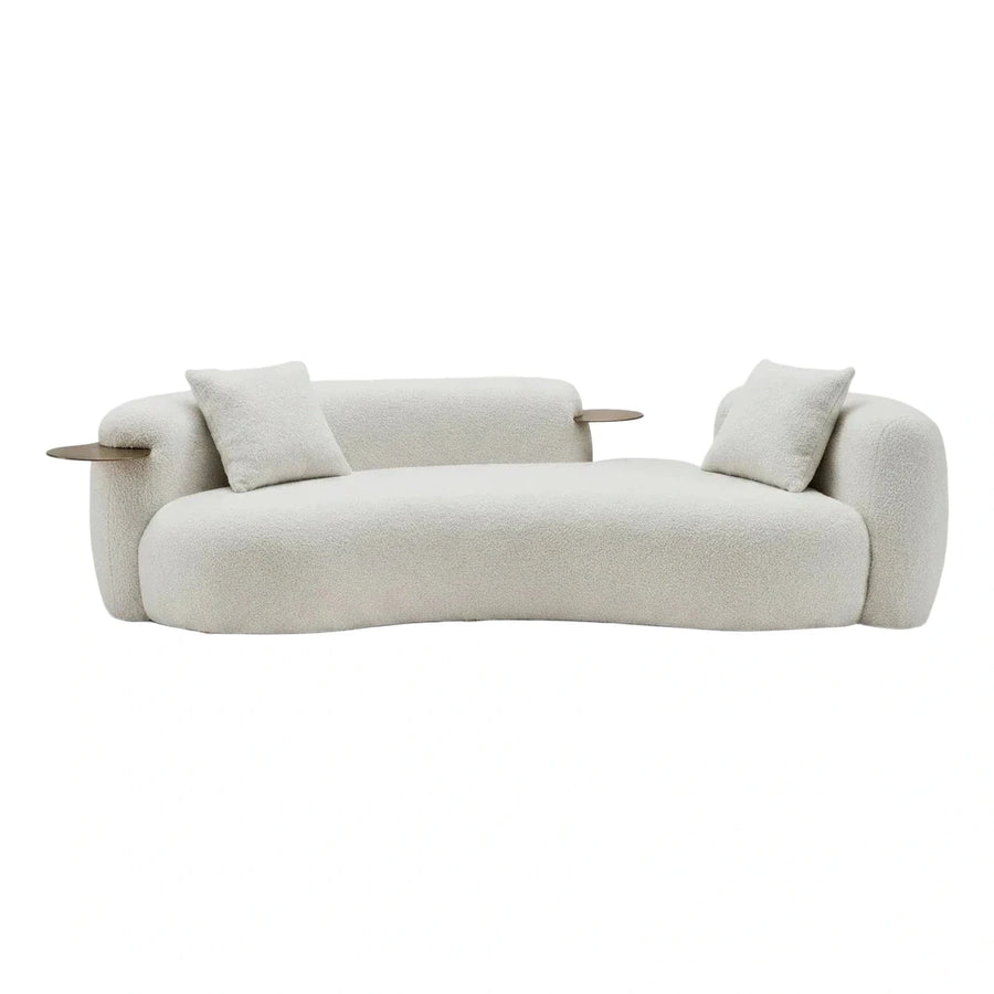 Curved Cream Boucle Sofa with Integrated Side Tables