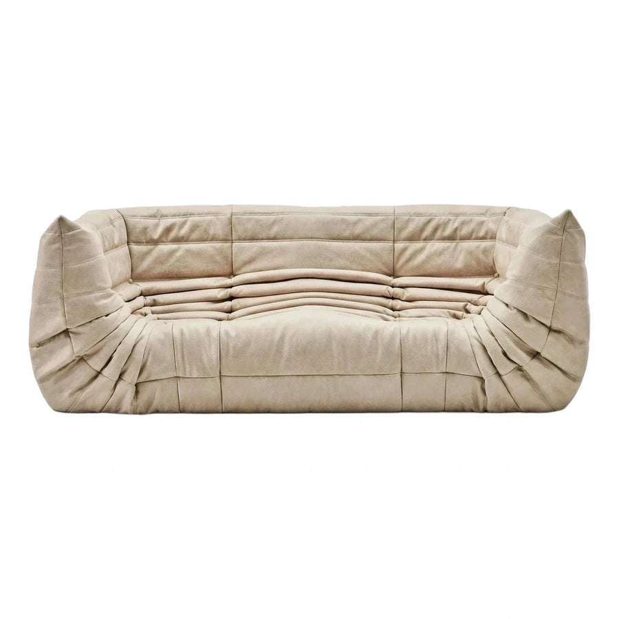 Beige Tufted Leather Low Profile Sofa