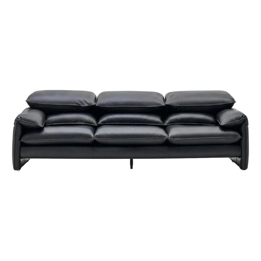 Modern Black Leather Three-Seater Sofa with Plush Cushions