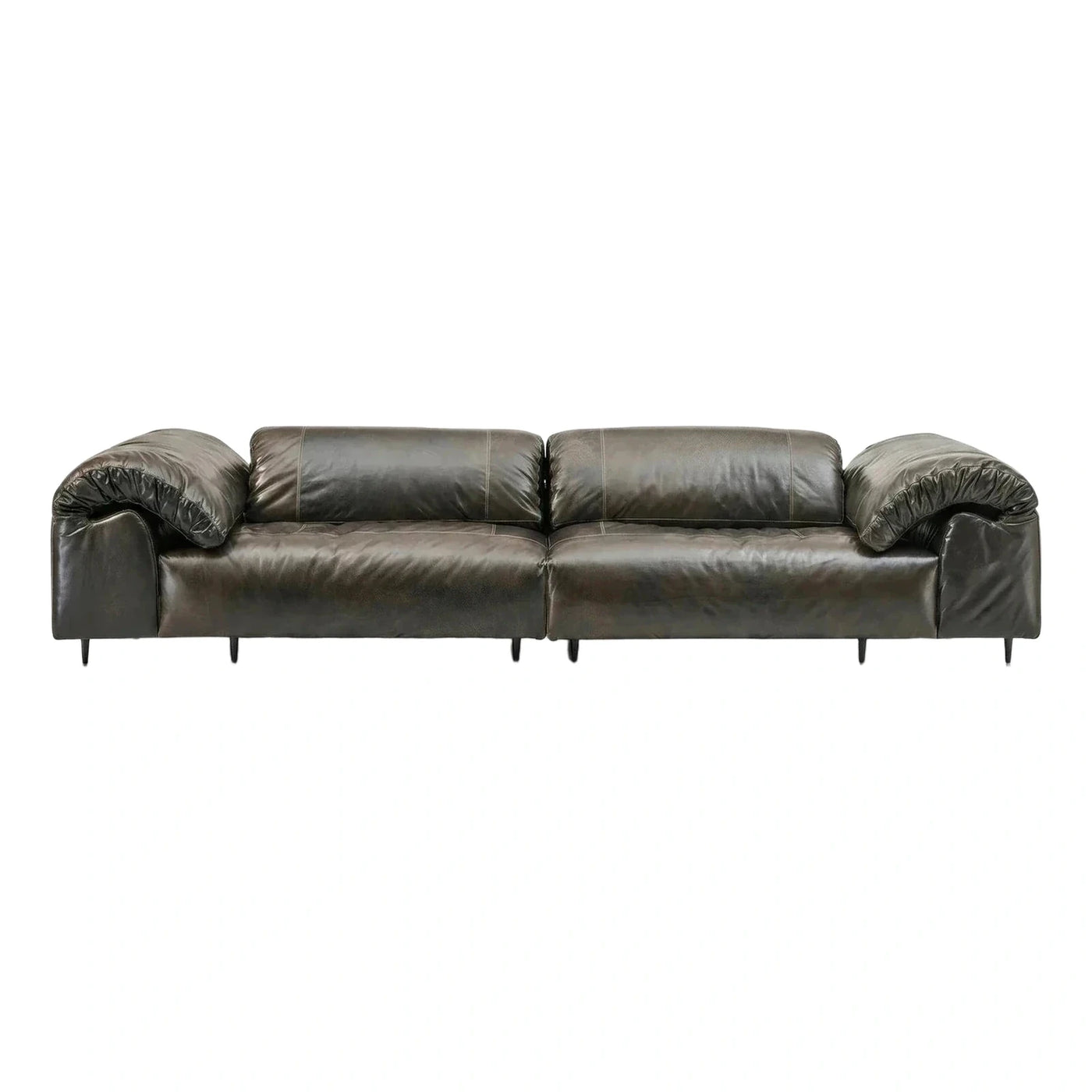 Modern Dark Leather Sofa with Pillow Arms