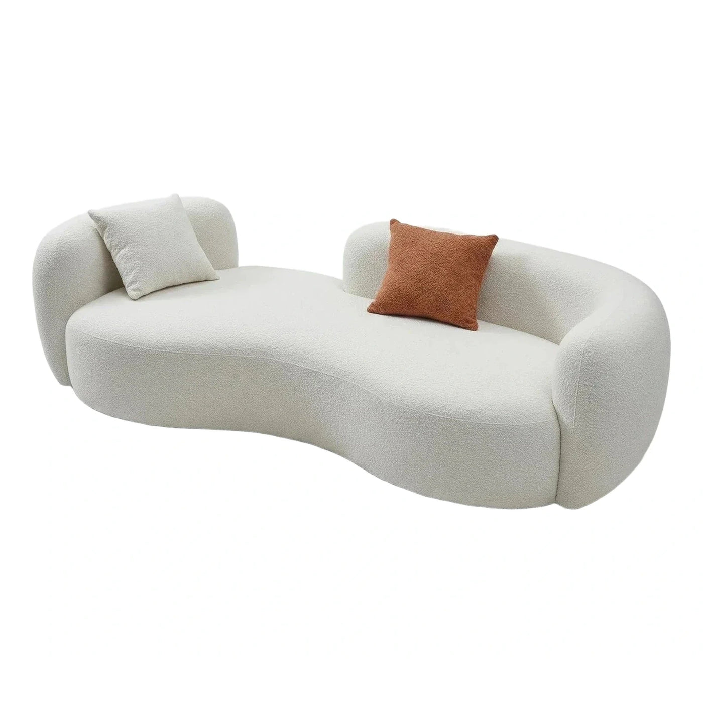 Curved White Boucle Sofa with Accent Pillows
