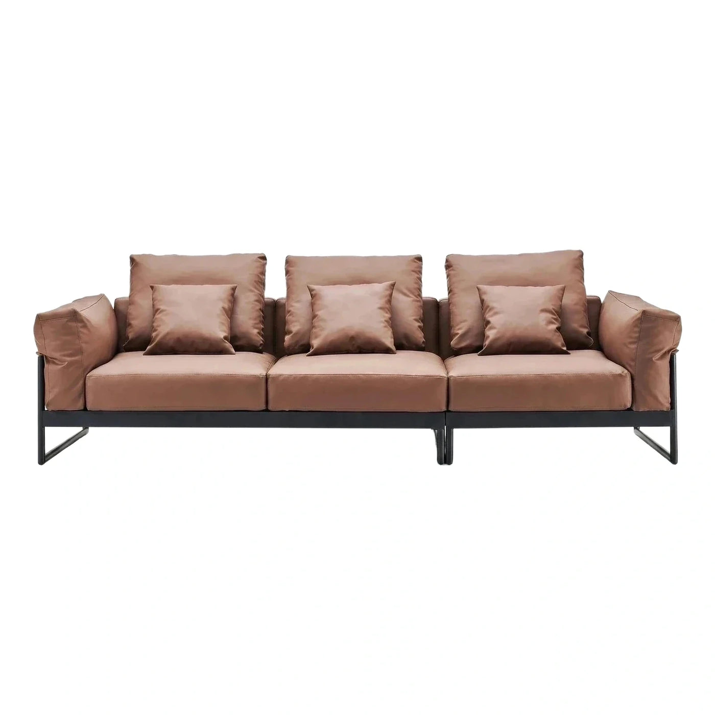Modern Brown Leather Sofa with Black Metal Frame