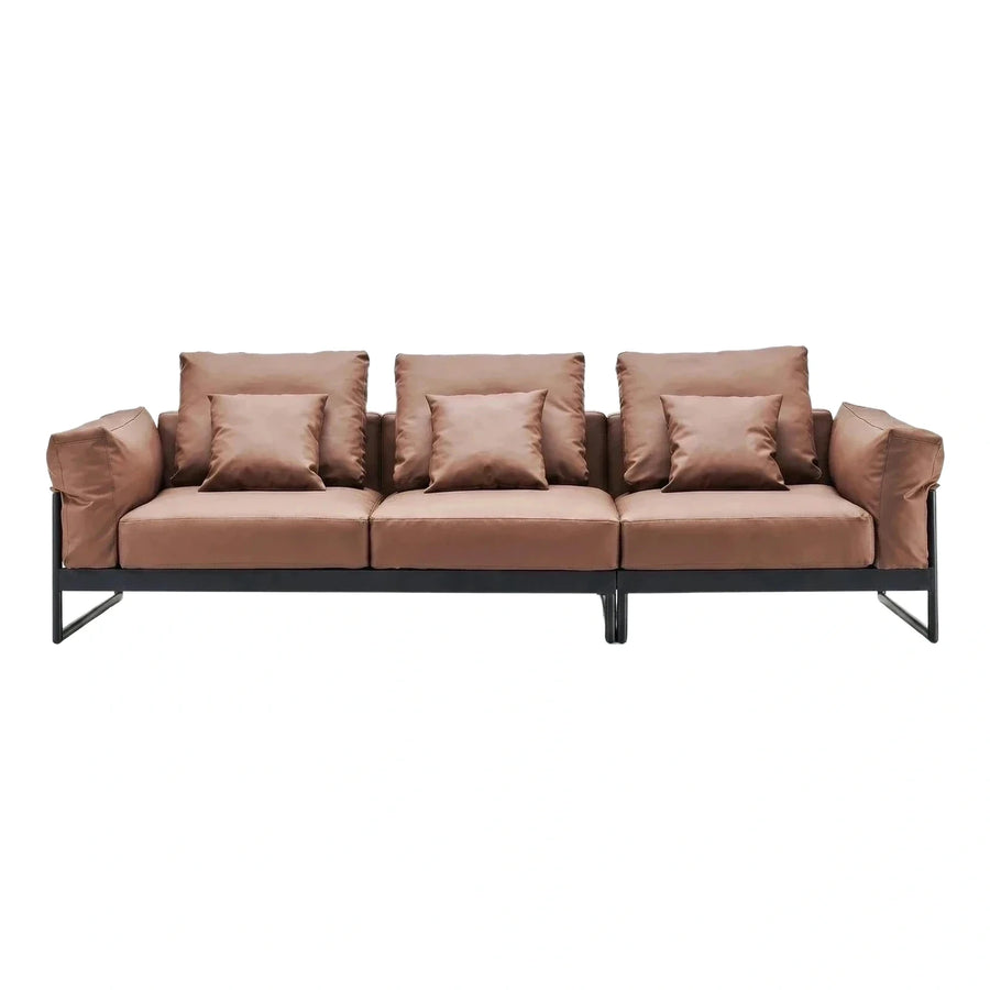 Modern Brown Leather Sofa with Black Metal Frame