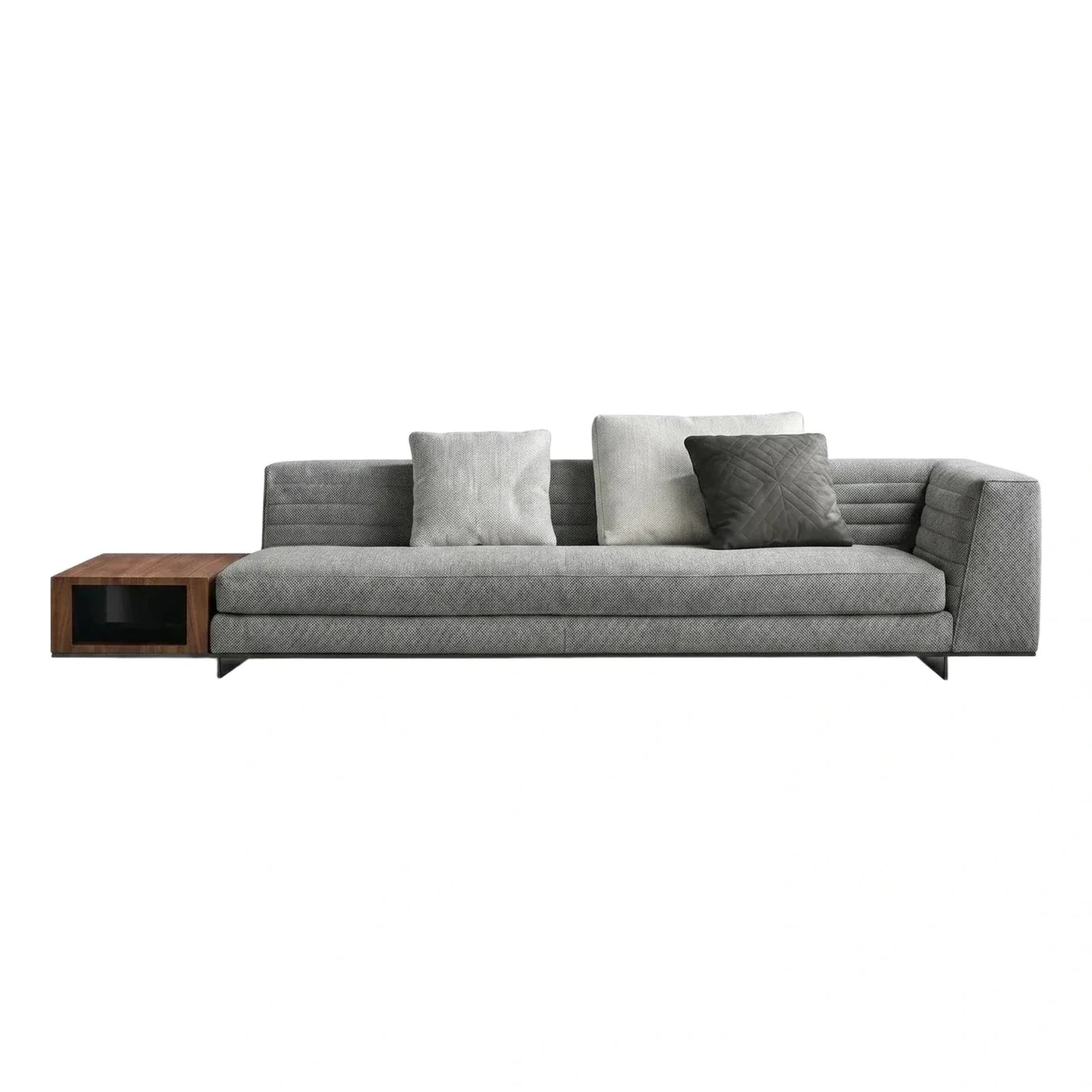 Modern Grey Fabric Sofa with Attached Wooden Side Table