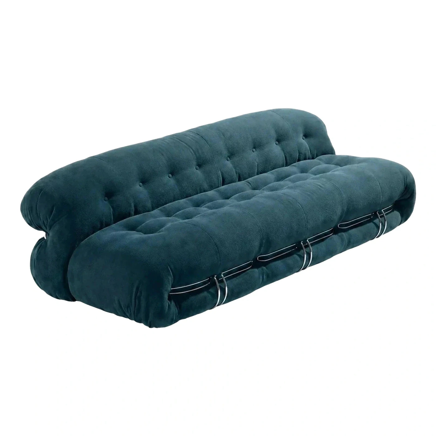 Deep Teal Velvet Sofa with Button Tufting and Metal Rings