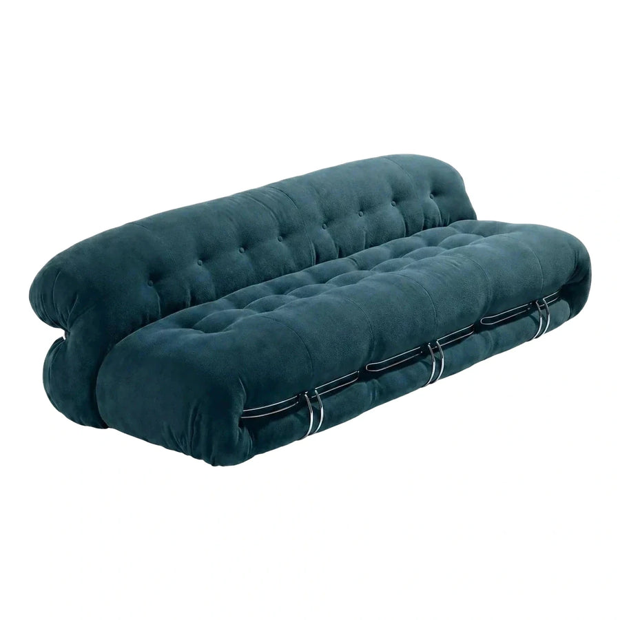 Deep Teal Velvet Sofa with Button Tufting and Metal Rings
