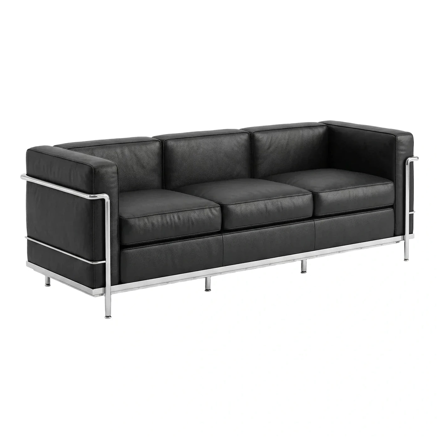 Modern Black Leather Three-Seater Sofa with Chrome Frame