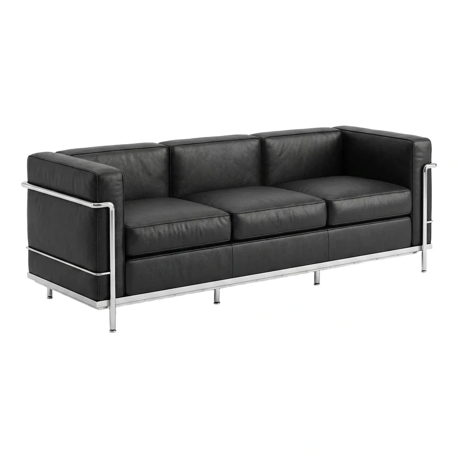 Modern Black Leather Three-Seater Sofa with Chrome Frame
