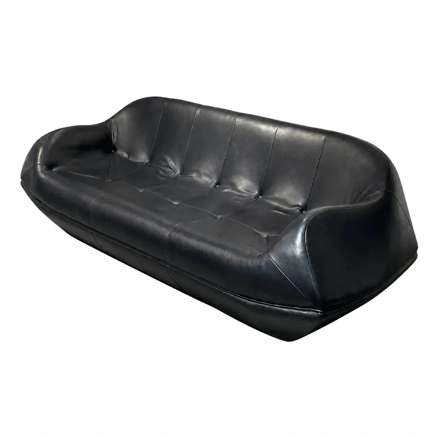 Modern Black Leather Low Profile Curved Sofa
