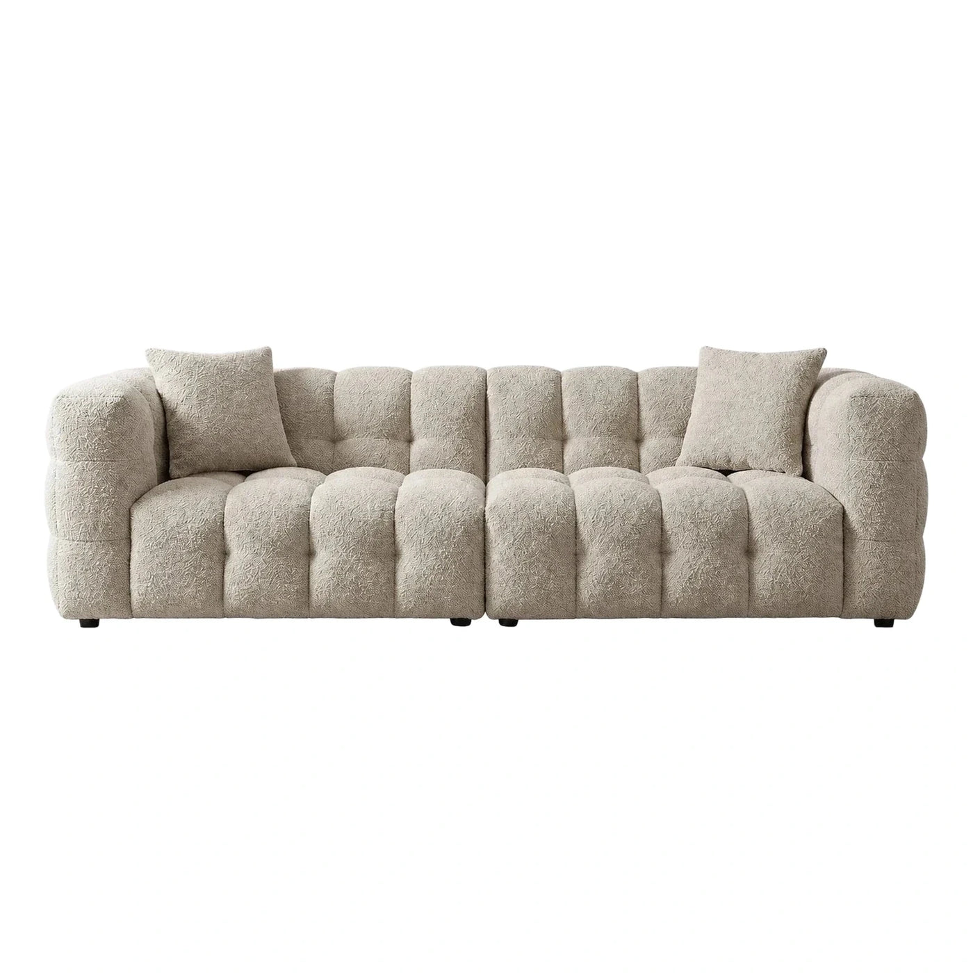 Cream Boucle Sofa with Tufted Cushions and Pillows