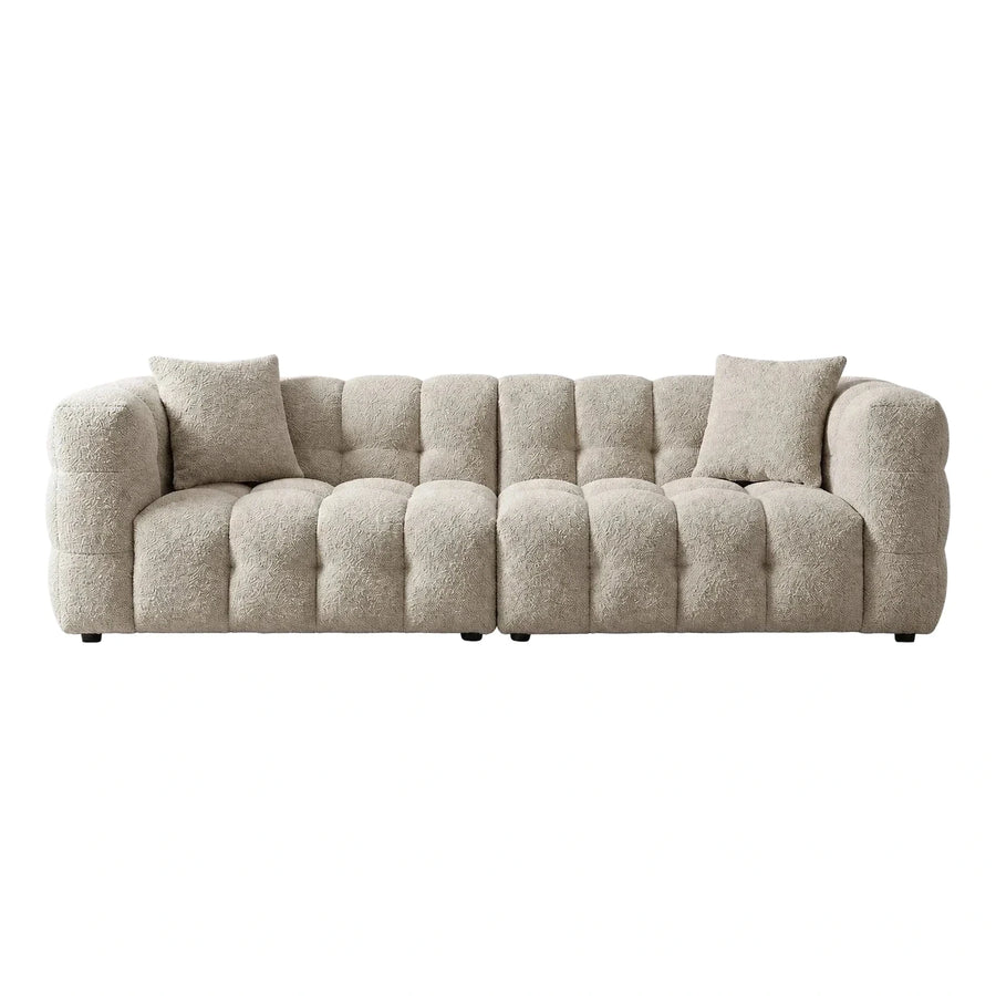 Cream Boucle Sofa with Tufted Cushions and Pillows