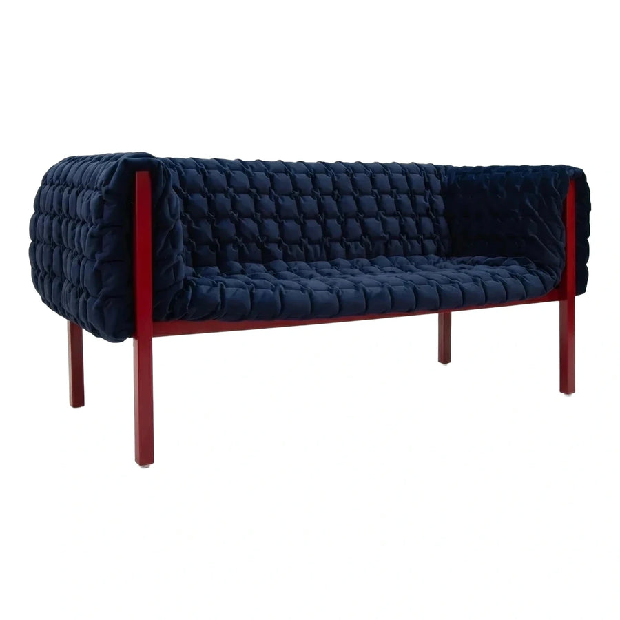 Navy Blue Quilted Sofa with Red Frame