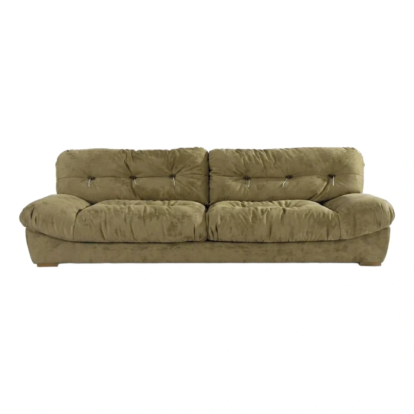 Olive Green Plush Sofa with Button Tufting and Tassels