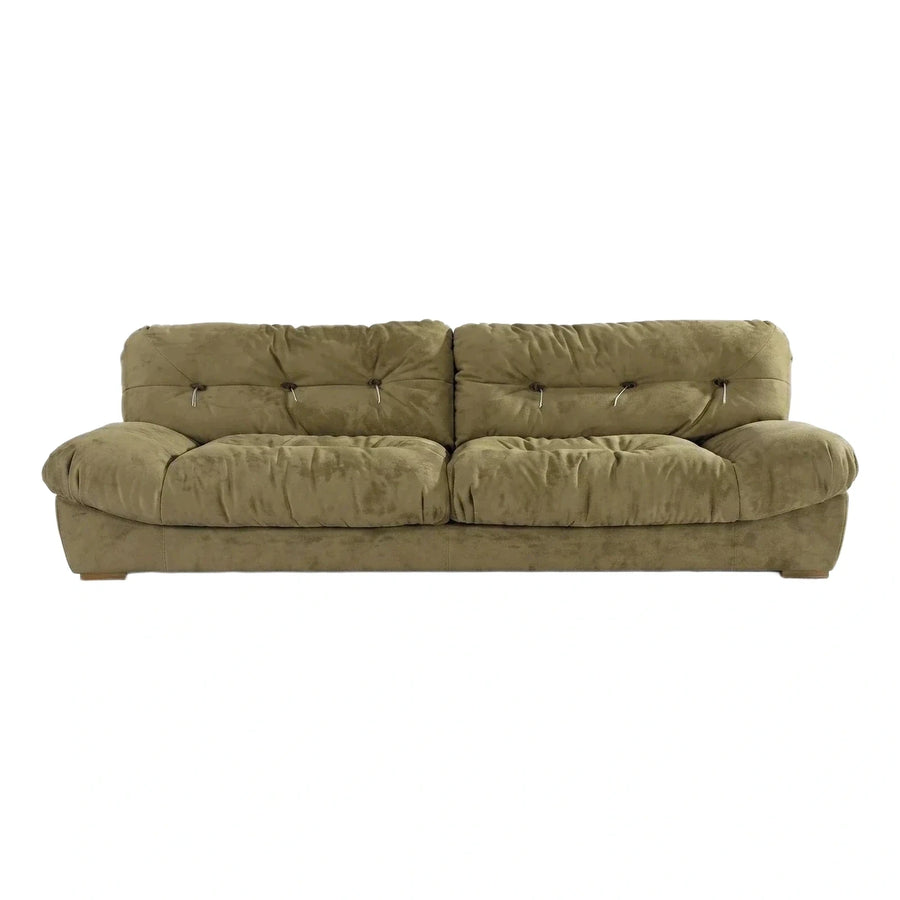 Olive Green Plush Sofa with Button Tufting and Tassels