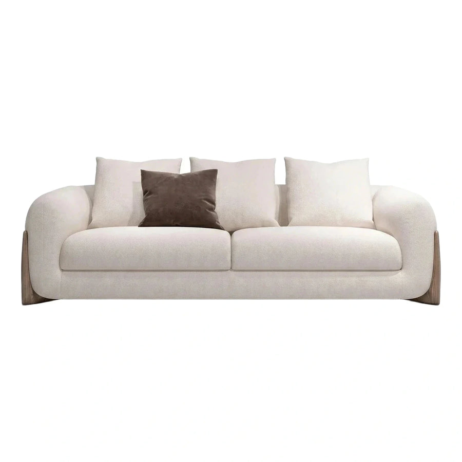 Modern Cream Boucle Sofa with Wooden Base