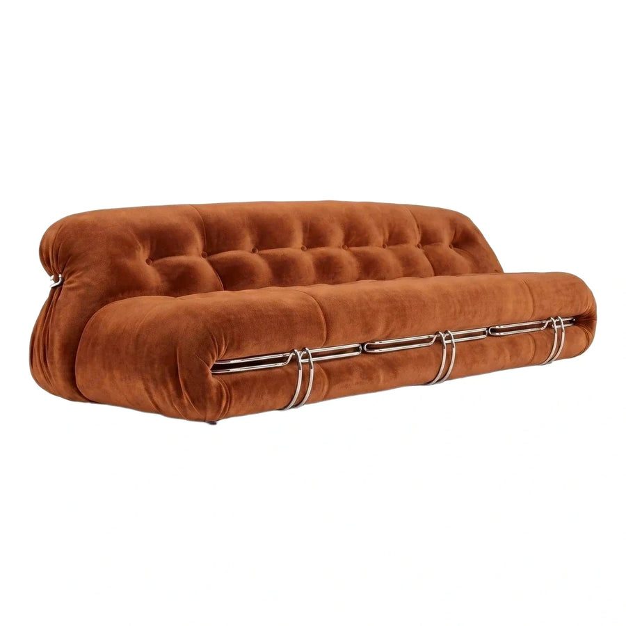 Rust Velvet Tufted Sofa with Chrome Metal Accents