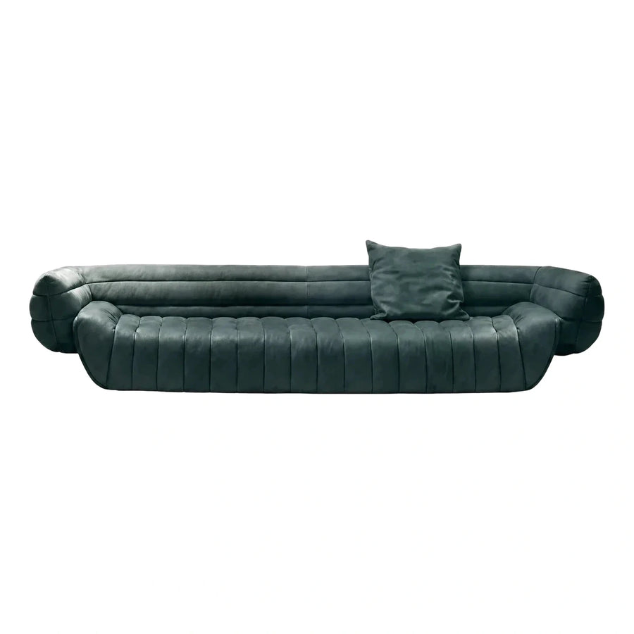 Modern Green Leather Curved Sofa with Channel Tufting