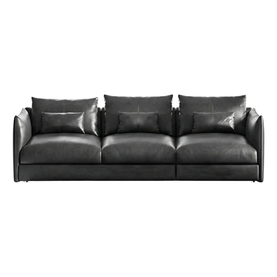 Modern Black Leather Three-Seater Sofa with Throw Pillows