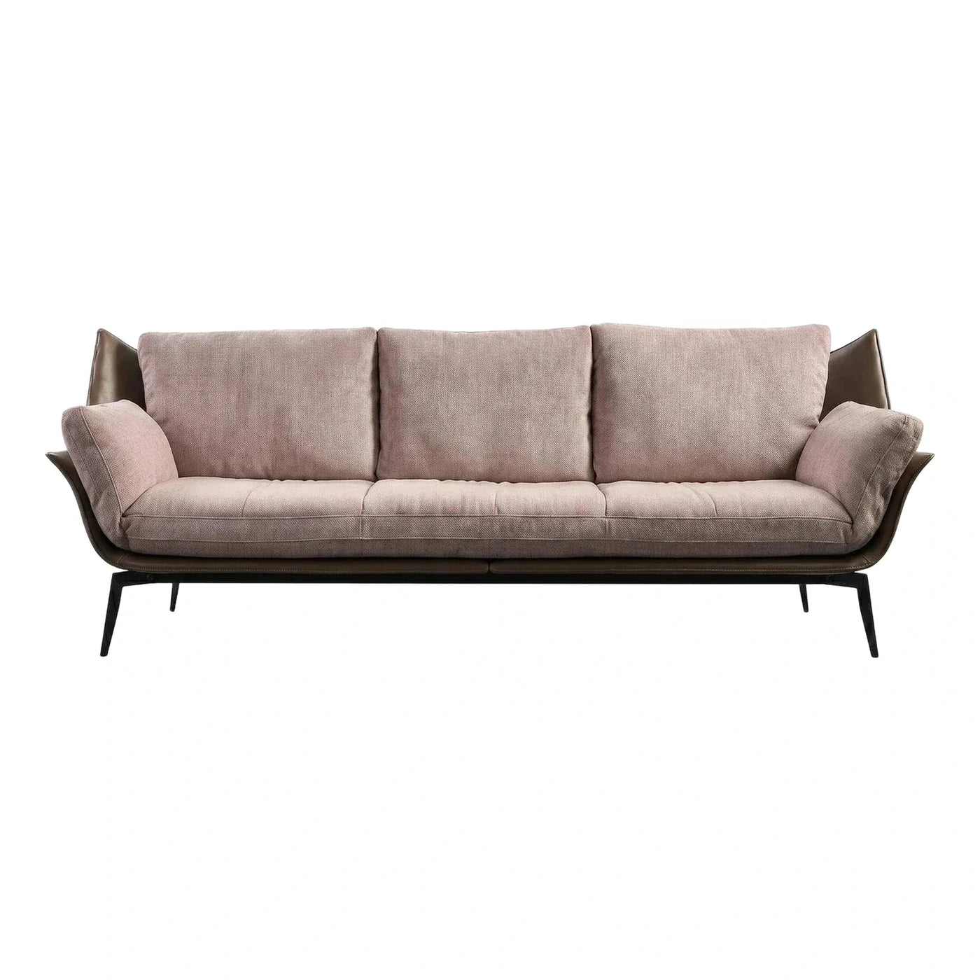 Modern Three Seater Sofa Pink Fabric Brown Leather
