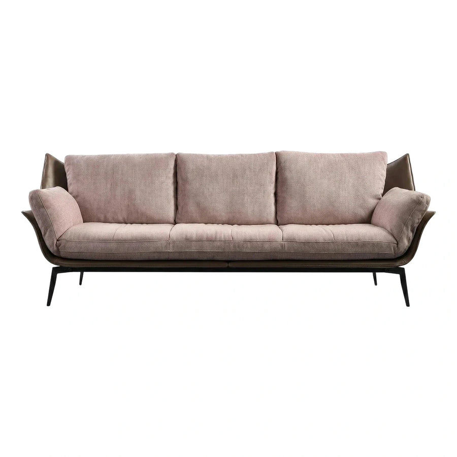 Modern Three Seater Sofa Pink Fabric Brown Leather