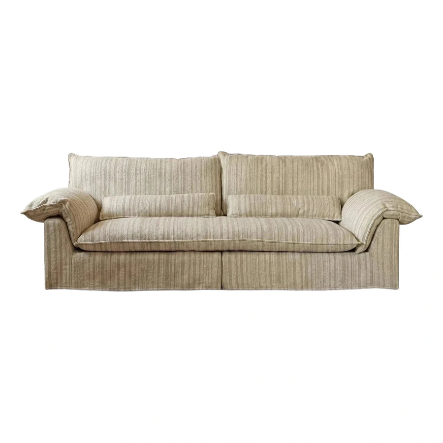 Cream Striped Fabric Sofa with Lumbar Pillows