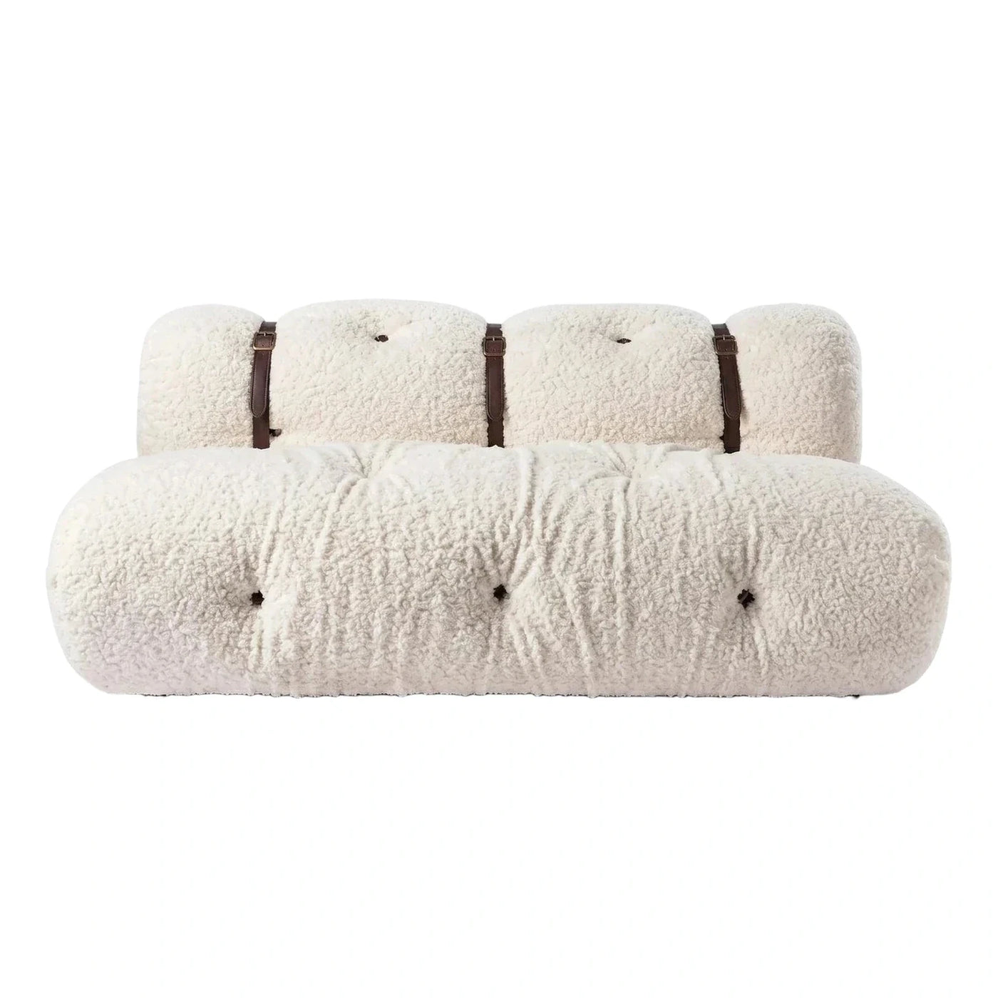 Cream Boucle Sofa with Leather Strap Details