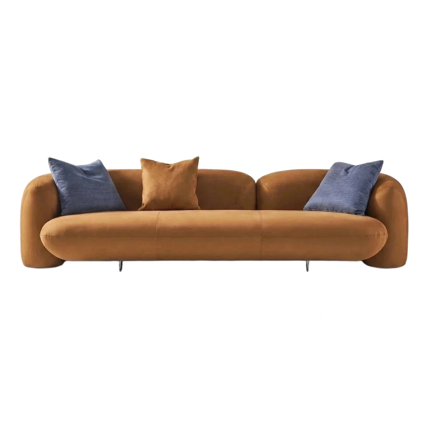 Modern Caramel Curved Sofa with Blue Pillows