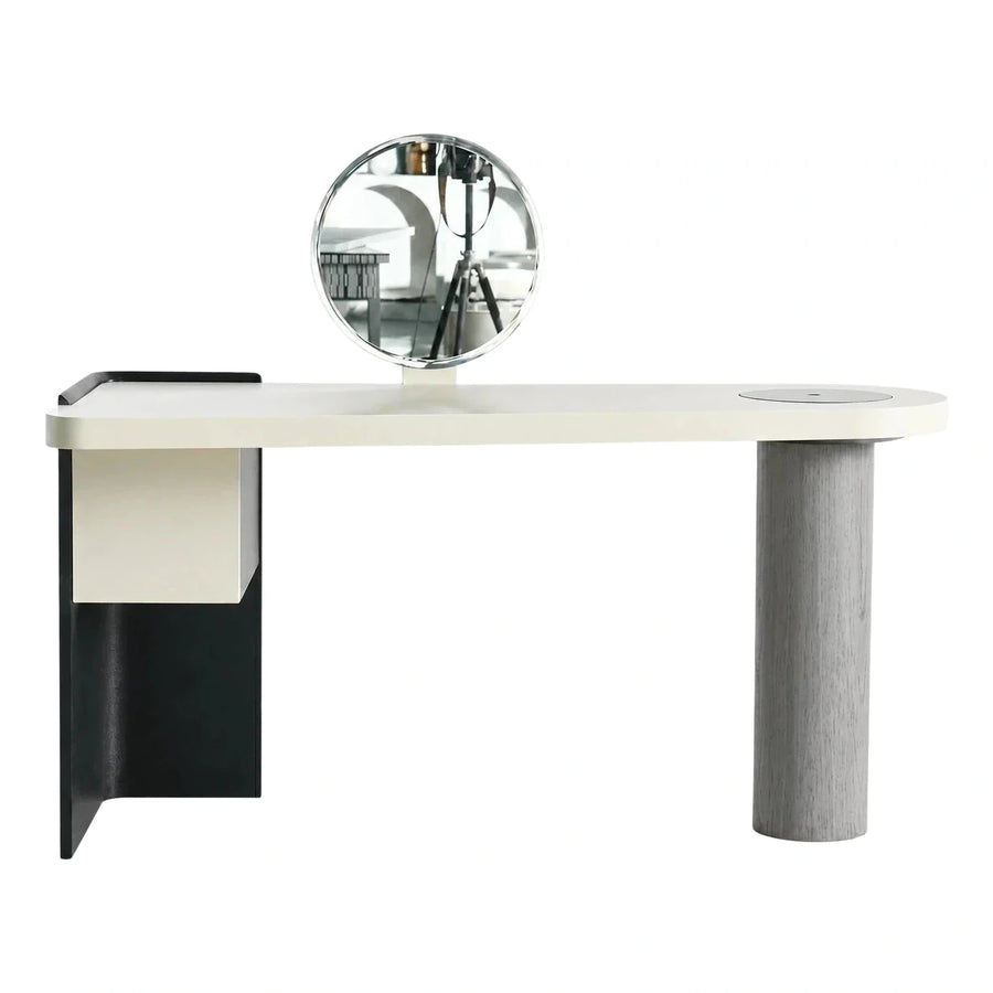 Modern Cream Makeup Vanity Desk with Round Mirror