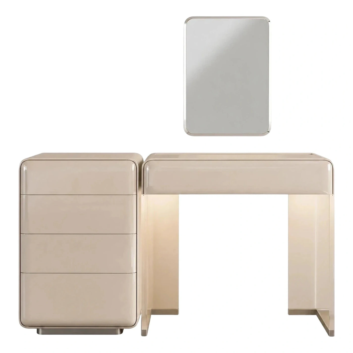 Modern Glossy Beige Vanity Desk Set With Mirror