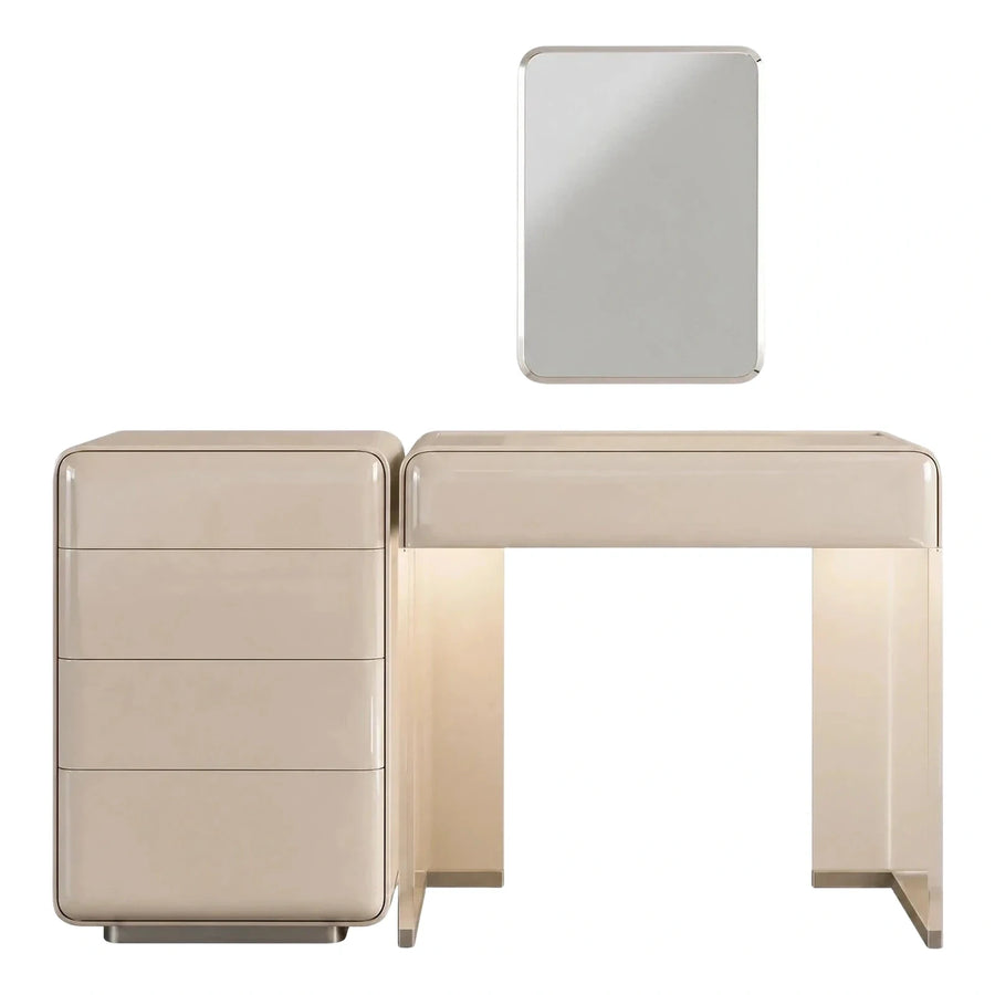 Modern Glossy Beige Vanity Desk Set With Mirror