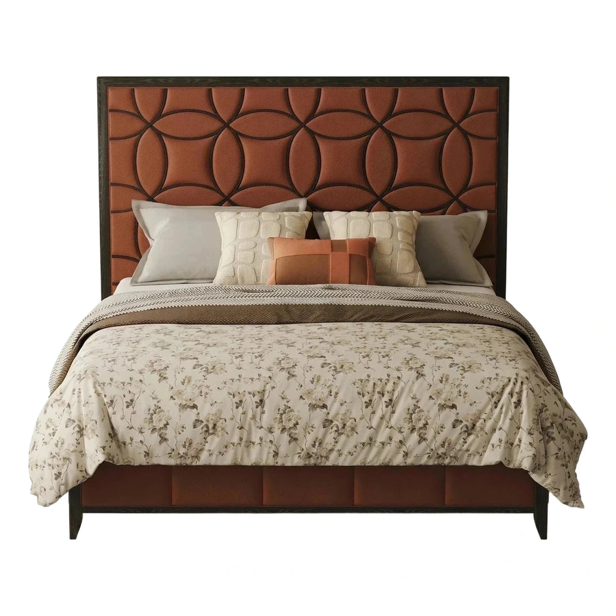 Brown Leather Upholstered Bed with Geometric Headboard
